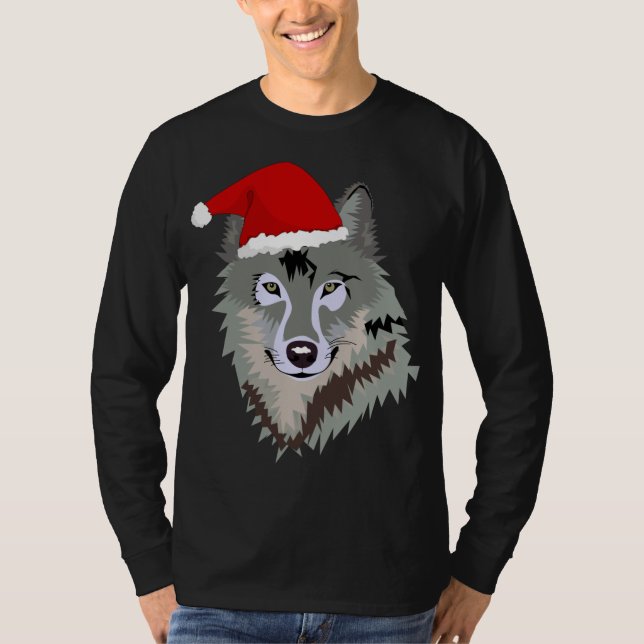 Funny Gray Wolf Christmas Santa Hat Wolves Outfit  T-Shirt (Front)
