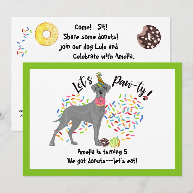 Funny Great Dane Pet Dog Donuts Birthday Party Invitation (Front/Back)