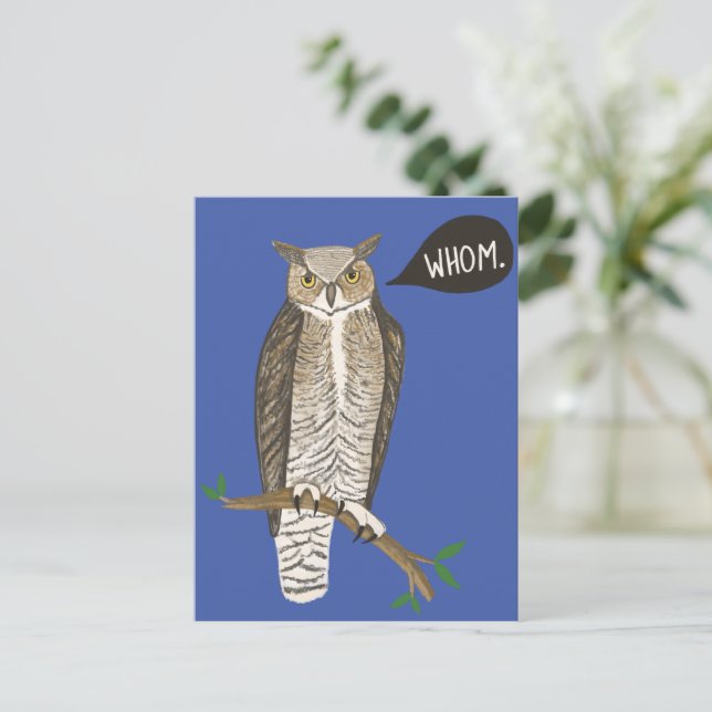 Funny Great Horned Owl WHOM Grammar  Postcard (Standing Front)
