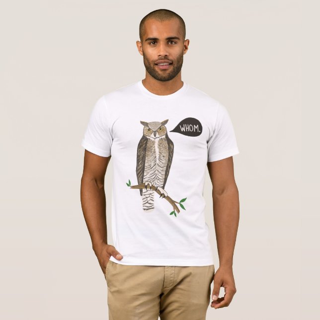 Funny Great Horned Owl WHOM Grammar  T-Shirt (Front Full)