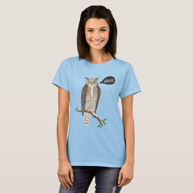 Funny Great Horned Owl WHOM Grammar  T-Shirt (Front Full)