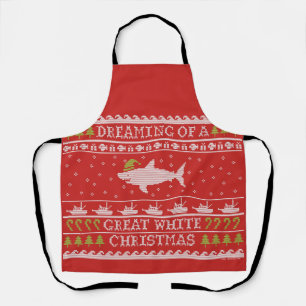 Funny Great White Shark Christmas Ugly Sweater Apron