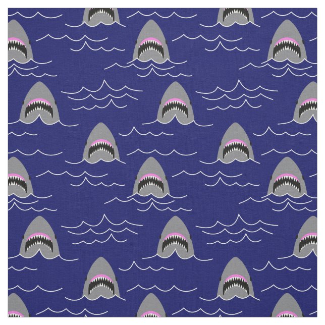 Funny Great White Sharks and Ocean Waves Pattern Fabric (Swatch)