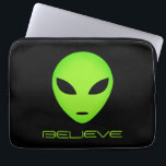 Funny green alien cartoon custom laptop sleeve<br><div class="desc">Believe... Funny green alien cartoon custom laptop sleeve. Personalize with your own space quote or text. Cool gifts for Birthday,  sci fi events and more. Alien head with big black eyes. Custom computer supplies. Available in 13 and 15 inch sizes.</div>