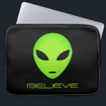 Funny green alien cartoon custom laptop sleeve<br><div class="desc">Believe... Funny green alien cartoon custom laptop sleeve. Personalize with your own space quote or text. Cool gifts for Birthday,  sci fi events and more. Alien head with big black eyes. Custom computer supplies. Available in 13 and 15 inch sizes.</div>