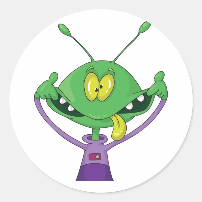 Funny Green Alien Making Silly Face Classic Round Sticker (Front)