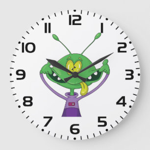 Funny Green Alien Making Silly Face Large Clock