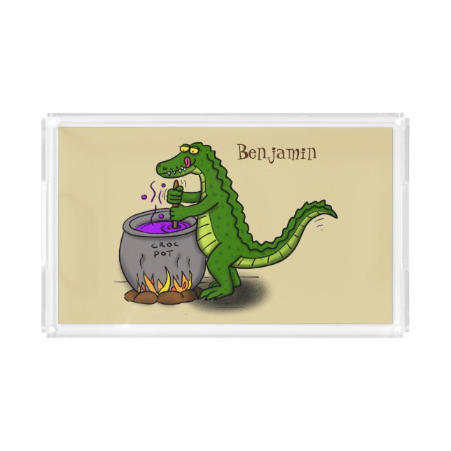 Funny green alligator cooking cartoon acrylic tray (Front)