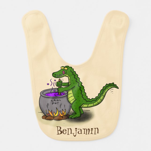 Funny green alligator cooking cartoon baby bib (Front)