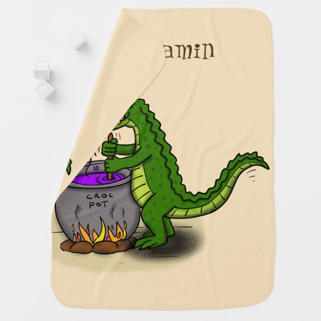 Funny green alligator cooking cartoon baby blanket (In Situ)