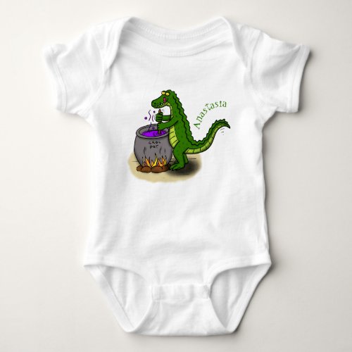 Funny green alligator cooking cartoon baby bodysuit