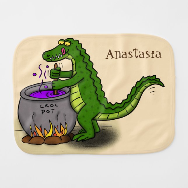 Funny green alligator cooking cartoon baby burp cloth (Front Horizontal)