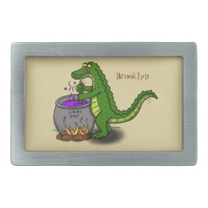 Funny green alligator cooking cartoon belt buckle