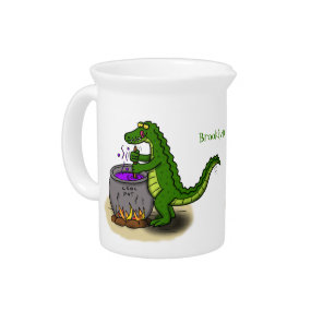 Funny green alligator cooking cartoon beverage pitcher