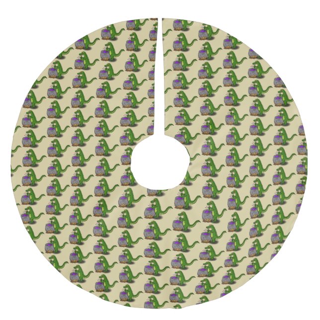 Funny green alligator cooking cartoon brushed polyester tree skirt (Front)