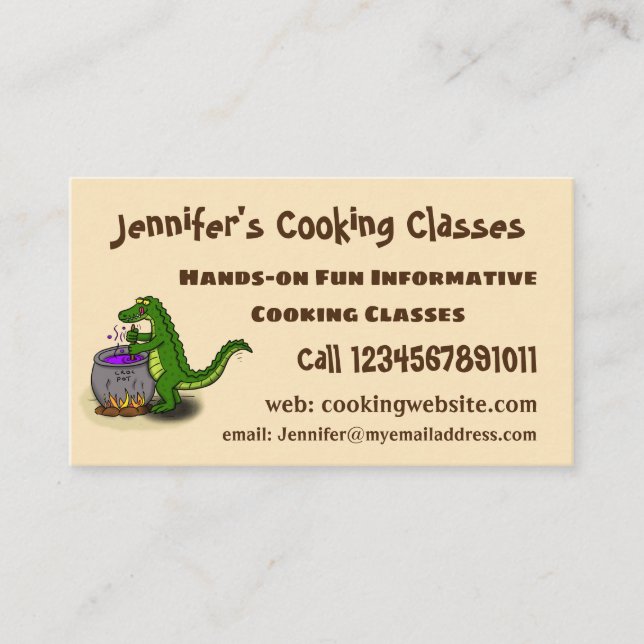 Funny green alligator cooking cartoon business card (Front)
