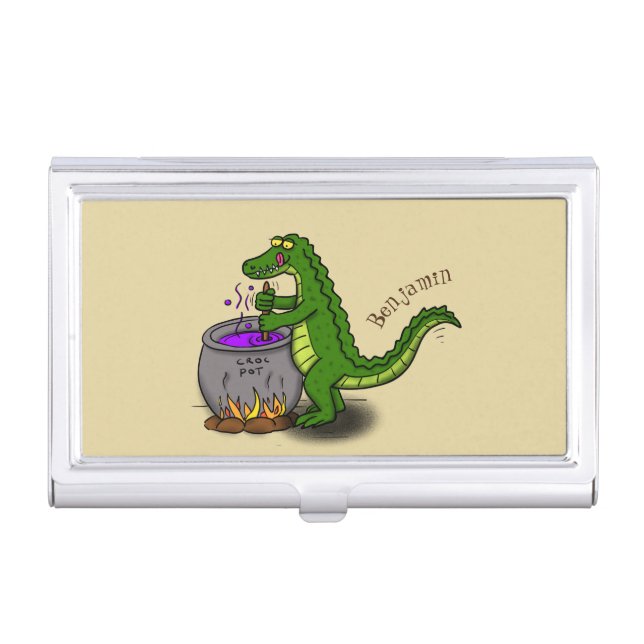 Funny green alligator cooking cartoon business card case (Front)