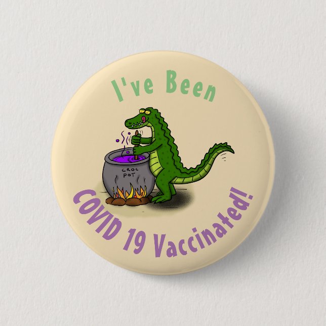 Funny green alligator cooking cartoon button (Front)