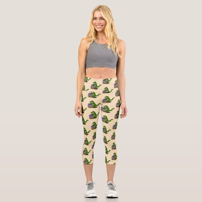 Funny green alligator cooking cartoon capri leggings (Front)