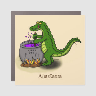 Funny green alligator cooking cartoon car magnet