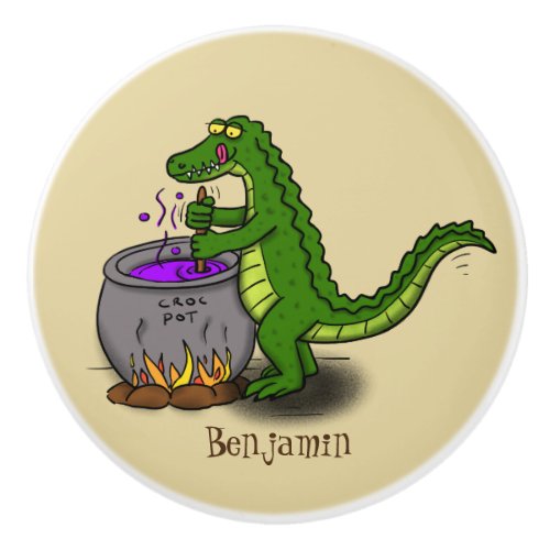 Funny green alligator cooking cartoon ceramic knob