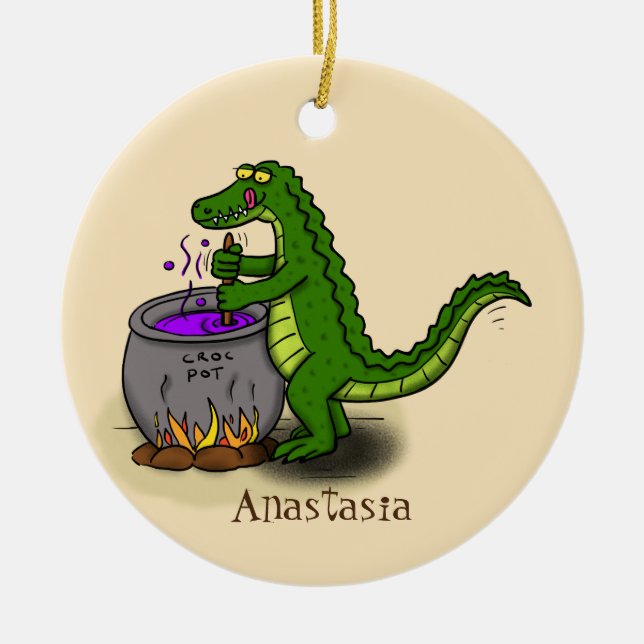 Funny green alligator cooking cartoon ceramic ornament (Front)