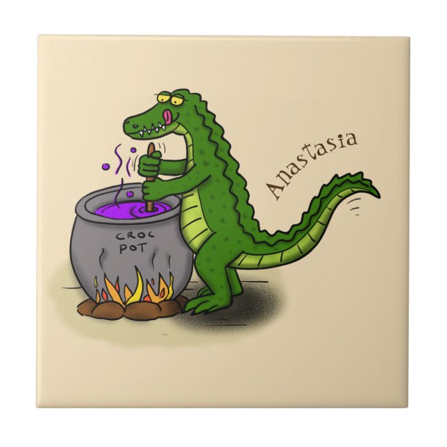 Funny green alligator cooking cartoon ceramic tile (Front)