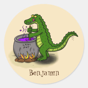 Funny green alligator cooking cartoon classic round sticker