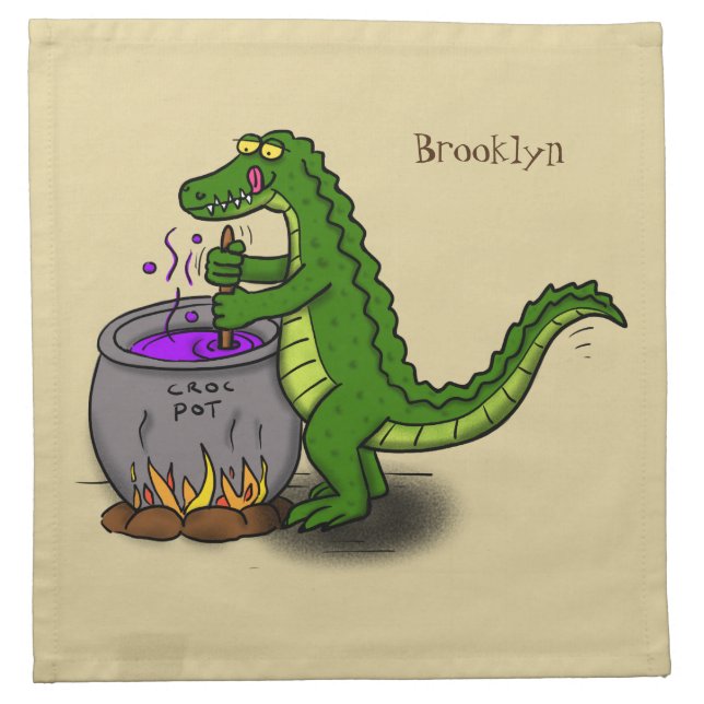 Funny green alligator cooking cartoon cloth napkin (Front)
