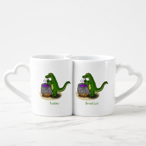 Funny green alligator cooking cartoon coffee mug set