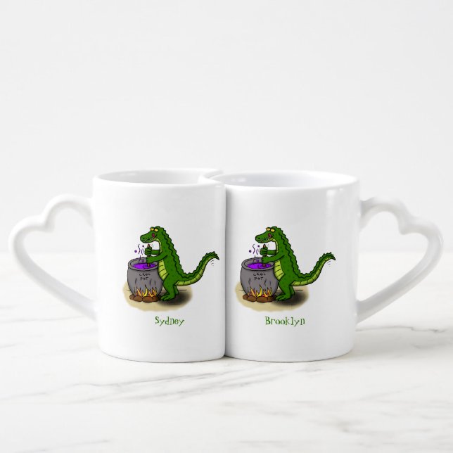 Funny green alligator cooking cartoon coffee mug set (Back Nesting)