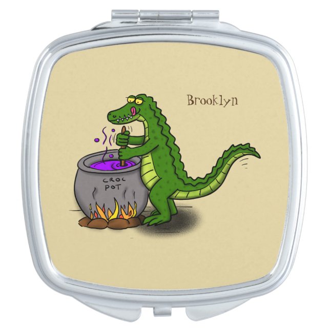 Funny green alligator cooking cartoon compact mirror (Front)