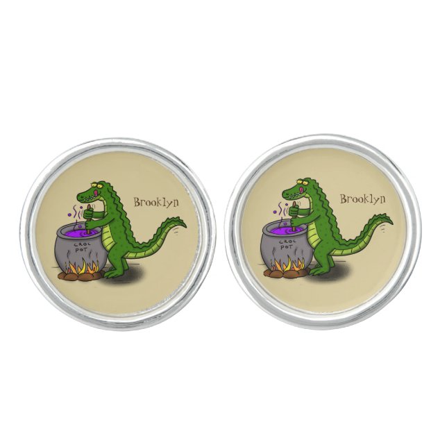 Funny green alligator cooking cartoon cufflinks (Front)