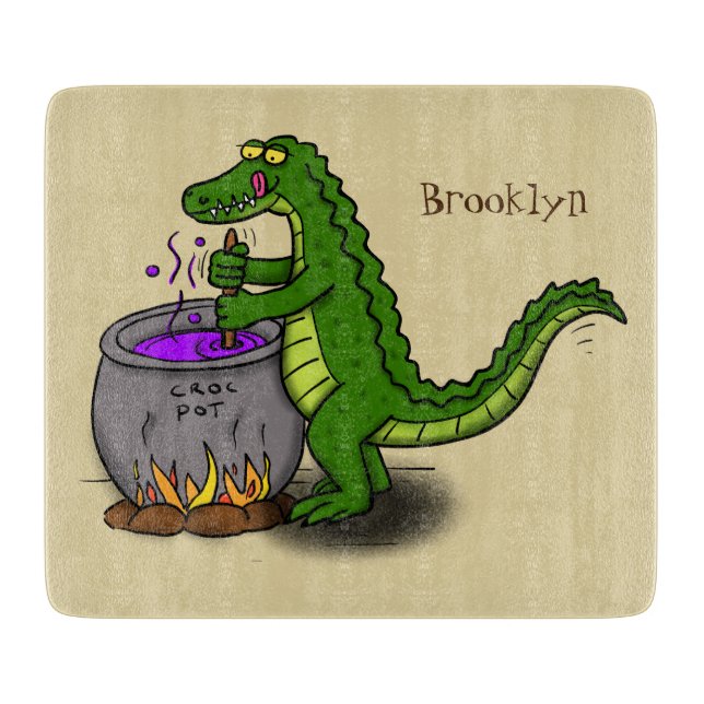 Funny green alligator cooking cartoon cutting board (Front)