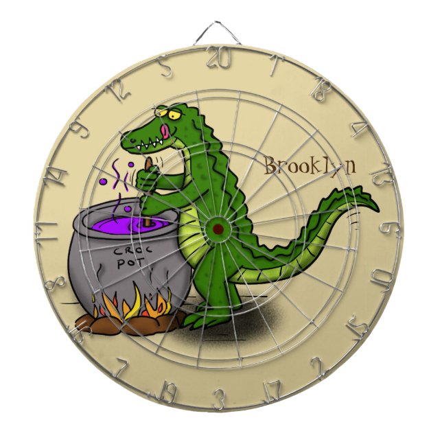 Funny green alligator cooking cartoon dart board (Front)