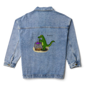 Funny green alligator cooking cartoon denim jacket