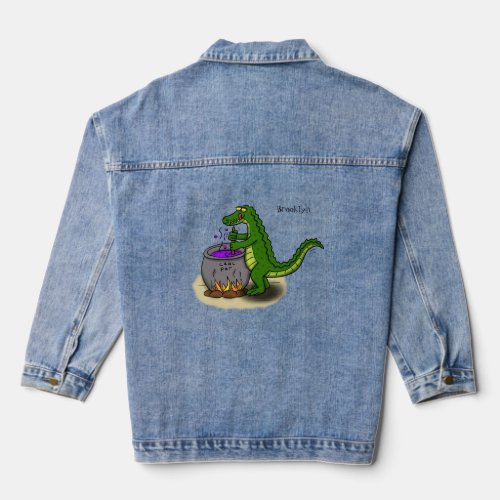 Funny green alligator cooking cartoon denim jacket