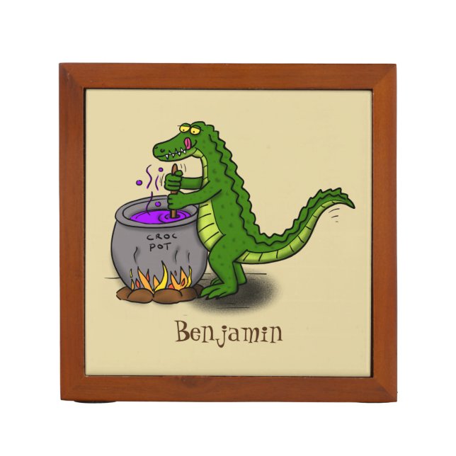 Funny green alligator cooking cartoon desk organizer (Front)