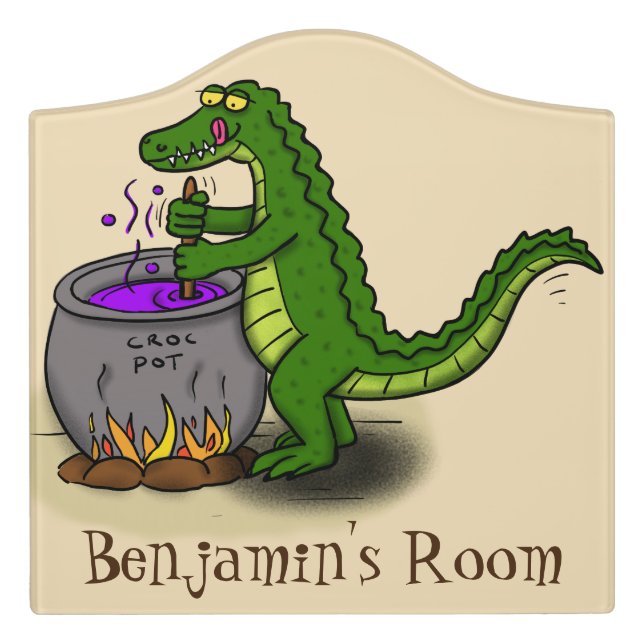 Funny green alligator cooking cartoon door sign (Large Crest Front)