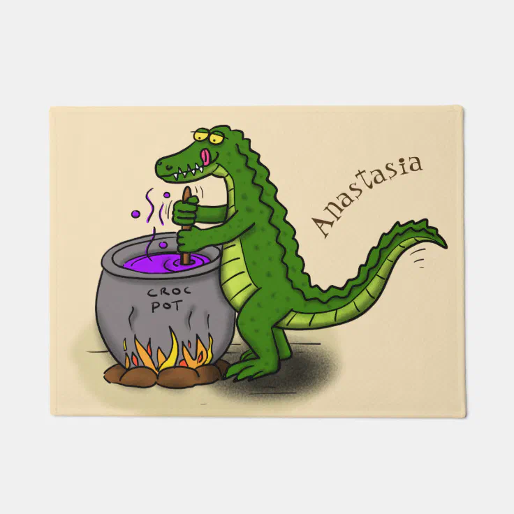 Funny green alligator cooking cartoon doormat | Zazzle