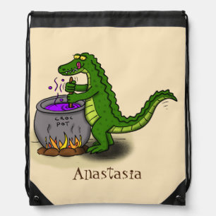Funny green alligator cooking cartoon drawstring bag