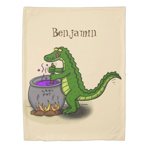 Funny green alligator cooking cartoon duvet cover