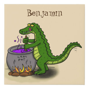 Funny green alligator cooking cartoon faux canvas print