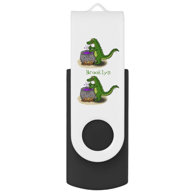 Funny green alligator cooking cartoon flash drive (Front Vertical)