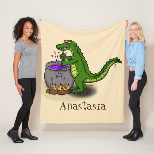 Funny green alligator cooking cartoon fleece blanket