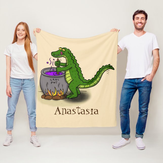 Funny green alligator cooking cartoon fleece blanket (In Situ)