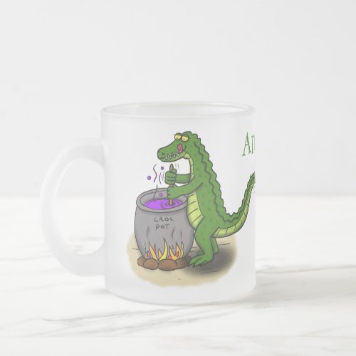 Funny green alligator cooking cartoon frosted glass coffee mug