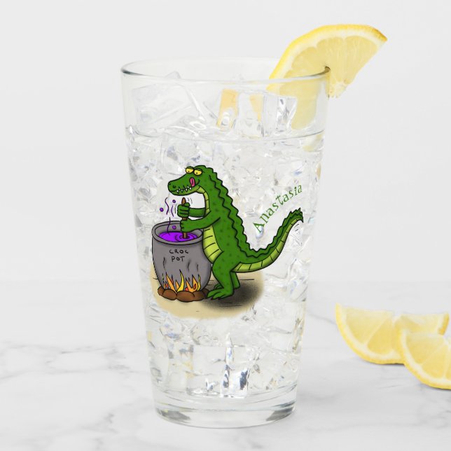 Funny green alligator cooking cartoon glass (Back Ice)