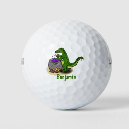 Funny green alligator cooking cartoon golf balls