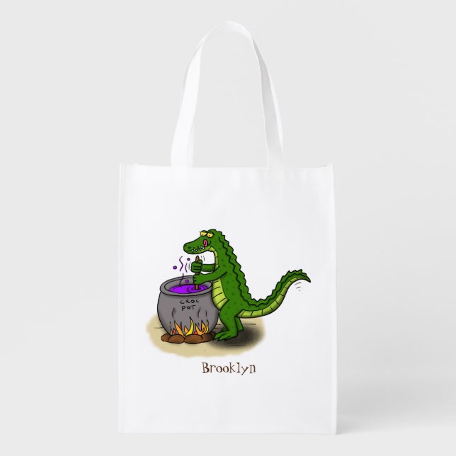 Funny green alligator cooking cartoon grocery bag (Front)